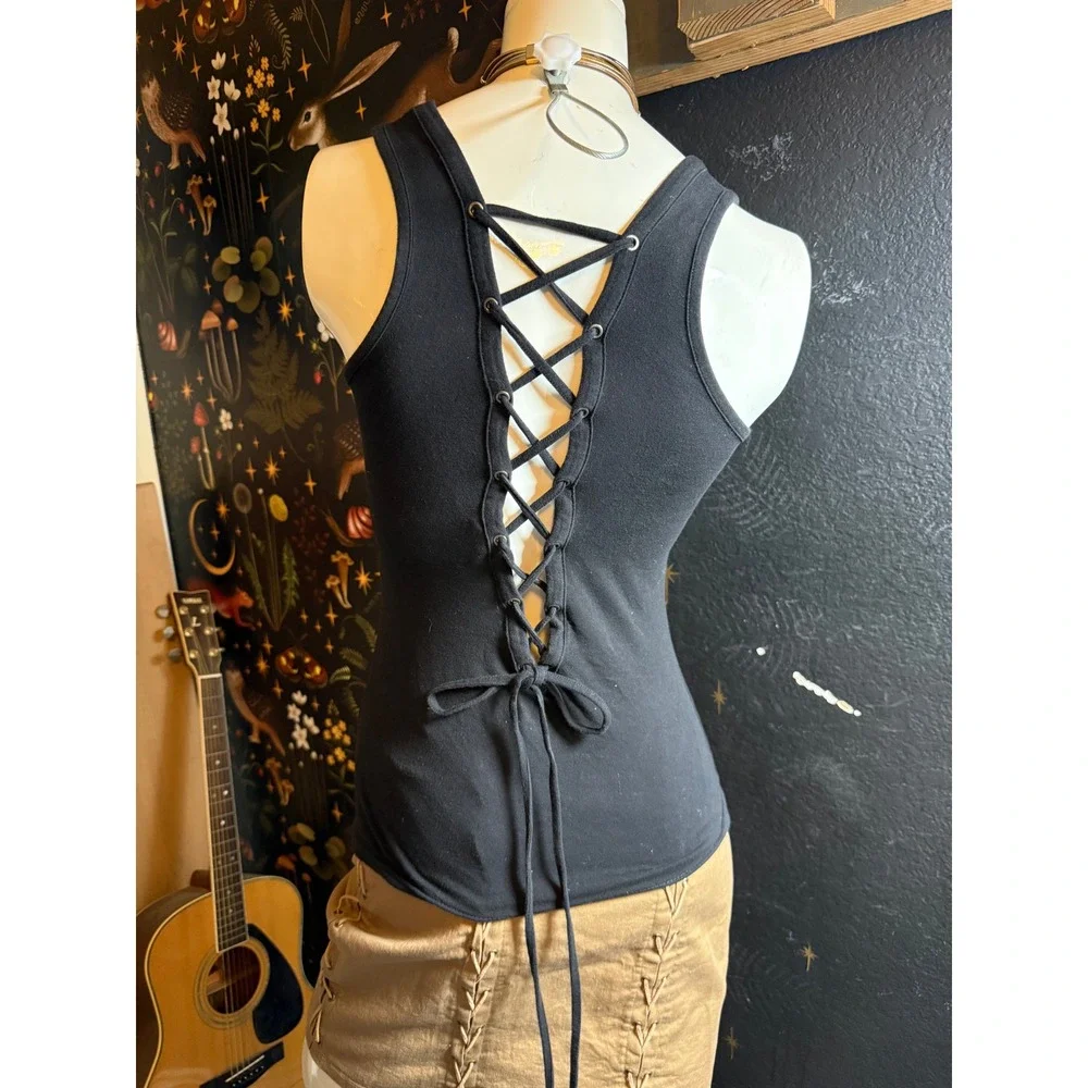 Harley-Davidson Womens Black Lace Up Back Graphic Tank Top Rainbow Logo Small